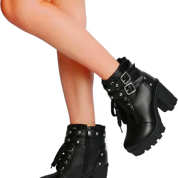 Goth Boots Microfiber Chunky Heel Ankle Combat Zipper Punk Shoes Women